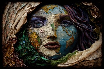 Mother earth concept. Woman careing our planet about environment. Biological diversity or protection of flora and fauna. Generative AI