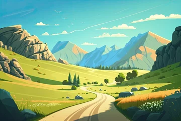 Fotobehang Beautiful landscape with green hills and a sandy road. Generative AI © Gelpi