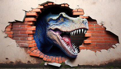 Dinosaur crawls out of a hole in a ruined brick wall - aI generated - obrazy, fototapety, plakaty