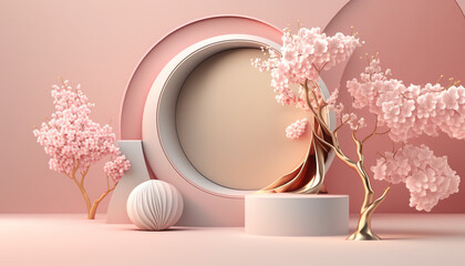 3D background, pink podium display. Sakura pink flower on pastel silk cloth. Cosmetic or beauty product promotion step floral pedestal. Abstract minimal advertise. 3D render copy space spring mockup