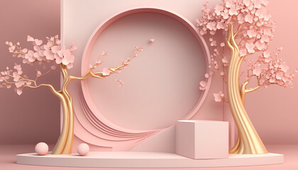 3D background, pink podium display. Sakura pink flower on pastel silk cloth. Cosmetic or beauty product promotion step floral pedestal. Abstract minimal advertise. 3D render copy space spring mockup