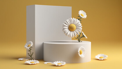 3D background, yellow podium display. White daisy flower falling. Cosmetic or beauty product promotion step. Pedestal on bright backdrop. Chamomile Spring banner. 3D render copy space mockup