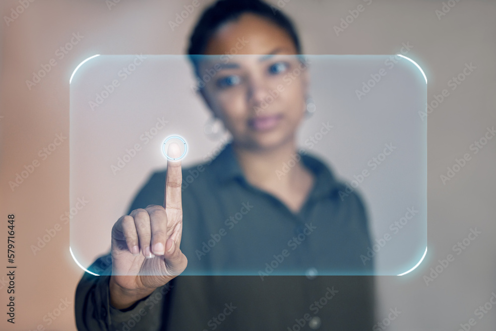 Poster futuristic, hologram and black woman with finger on button in future technology and digital overlay 