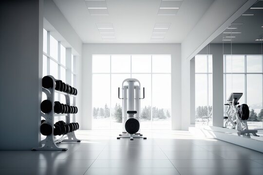 Home gym interior. Black and white. Photorealistic illustration generated by AI.