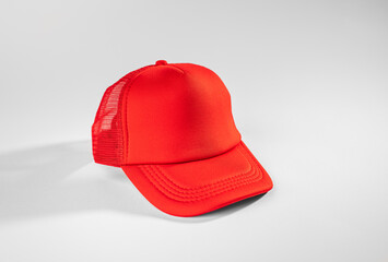 Trucker cap, red, snapback, all red, mesh. Isolated on white. Mock-up for branding
