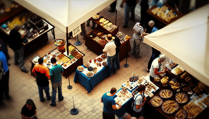 Gourmet food market, telephoto, from above, decadent - generative ai