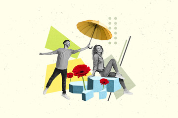 Creative banner poster dream collage of young crazy guy hold parasol above girlfriend celebrate 8 march safe melting spring weather © deagreez