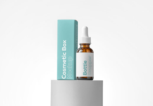Mockup of customizable color beauty serum product bottle label and box packaging on plinth available against customizable color background