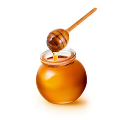 Mel de abelha em pote de vidro - copo de vidro com mel e colher de mel de madeira em fundo...