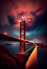Fireworks over the famous Golden Gate Bridge. AI generated - obrazy, fototapety, plakaty