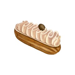 Eclair. Watercolor drawing of a cake. Watercolor eclair. Drawn dessert.