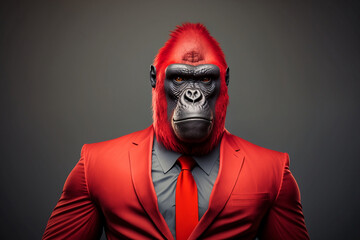 The Sophisticated Gorilla in a Striking Red Suit, A Creative Valentine's Day Stock Image of Animals in Red Suit. Generative AI 