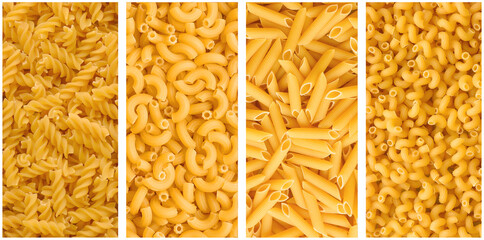 Collage of various raw dry yellow pasta.Fusilli, macaroni pipe, penne pasta, cavatappi pasta,
