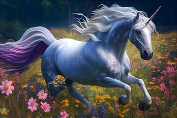 Naklejka na ściany i meble Mythical unicorn in a blooming field. AI generated