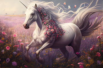 Naklejka na ściany i meble Mythical unicorn in a blooming field. AI generated