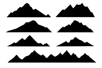 collection of mountain designs in flat style on white isolated background.