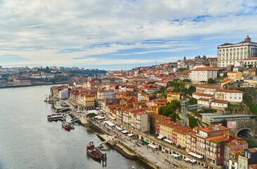 Obraz premium Porto, Portugal - 12.25.2022: Aerial view of the old ribeira area in Porto. High quality photo