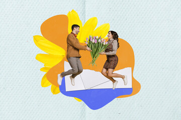 Creative collage image of two excited mini partners jumping hands hold big tulips bouquet isolated on painted background