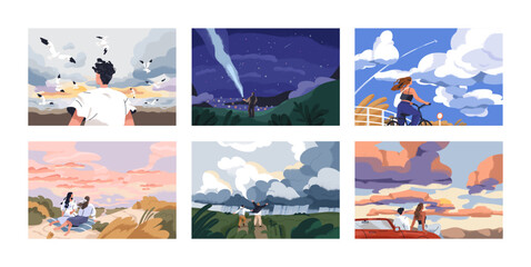 People travel in nature, looking at sky horizons, clouds, stars set. Outdoor summer adventures, peaceful landscapes at sunset, sunrise, night. Harmony, freedom concept. Flat vector illustrations - obrazy, fototapety, plakaty