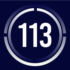 Number 113 design for business, print, books, movies, time-counting, companies in white, blue and blue gradient colors with half circles
