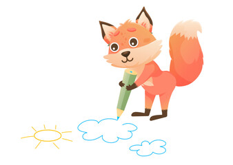 Cartoon fox drawing sun and clouds by pencil. Vector illustration kids fox drawing