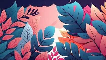  Pink and blue Foliage decorative background in flat style Various abstract tropical leaves on a dark background. Generative Ai.