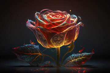 Glowing red rose close-up. Isolated on dark blurred background. Stunning plants and flowers in nature travel or wildlife photography made with Generative AI