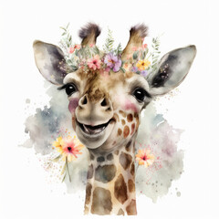 Watercolor happy cute giraffe painting | Generative AI