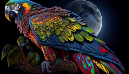 Fototapeta premium Colorful macaw parrot on night sky background.