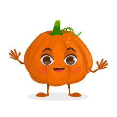 Vegetable cartoon character - Pumpkin. Vegetable with a face, arms and legs. Vector graphic.