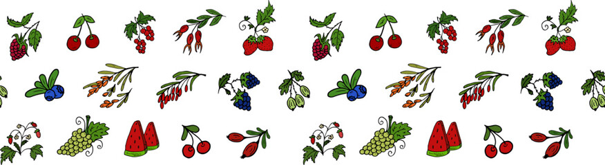 Vector Seamless pattern berries. Barberry, strawberries, raspberries, cherries, blueberries, grapes.