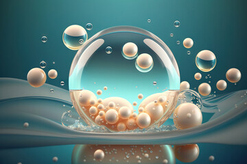 water bubbles molecules and atoms in a facial skin care cosmetic product, rejuvenation, moisturizing, hyaluronic acid. generative AI