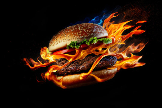 A flaming beef burger in a bun flying on a dark background. Generative ai