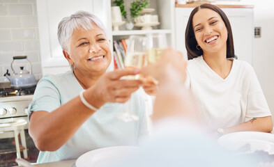 Champagne, old woman and toast pov of person with grandmother and daughter in home kitchen. Cheers, celebration and smile with alcohol glass, beverage or wine drink cheer at party or family gathering