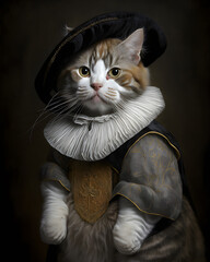 Portrait of a cat in renaissance clothes. Generative AI.
