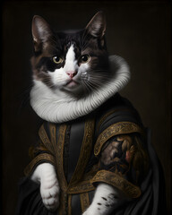 Portrait of a cat in renaissance clothes. Generative AI.