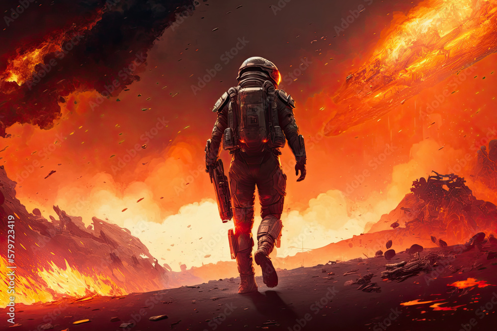 Wall mural astronaut on surface of uninhabitable planet. dangers of space exploration and colonization of plane