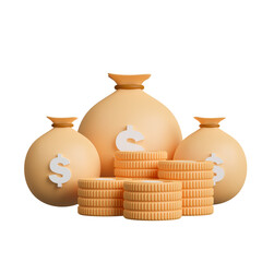 3d render us dollar money bag with stacks of coin.