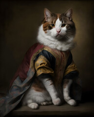 Portrait of a cat in renaissance clothes. Generative AI.