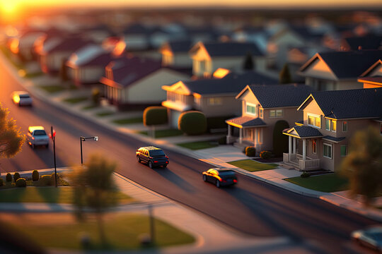 American Residential Neighborhood, Aerial View. Suburban With Living Houses For Upper Middle Class Family At Sunset, Tilt Shift Effect. Created With Generative AI