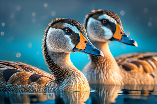 Two Geese or ducks swimming on blue water close-up. Isolated on blue blurred background. Stunning birds and animals in nature travel or wildlife photography made with Generative AI