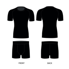 Vector drawing of a men's t-shirt and underpants, black. Male underwear template, front and back view. T-shirt with short sleeves and round neck, vector. Stretch fabric briefs, vector.