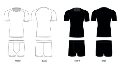 Naklejka premium A set of vector drawings of a men's t-shirt and underpants, white and black colors. Men's underwear template set, front and back view. T-shirt with short sleeves and round neck, vector.