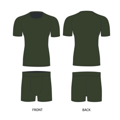 Male underwear template, front and back view. Vector drawing of a men's t-shirt and underpants, green-olive color. T-shirt with short sleeves and round neck, vector. Briefs in stretch fabric.