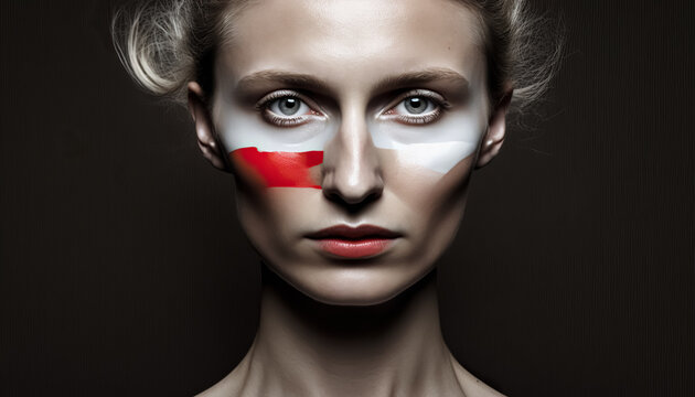 Poland. A beautiful young woman with paint in the colors of national flag of Poland. How AI sees the countries of the world if we imagine that they are people. digital ai art.