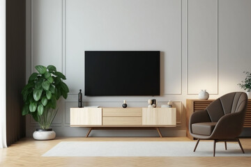 Tv cabinet on the white wall in living room with armchair, minimal design,  Generative AI
