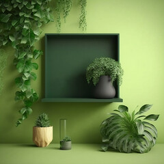 Ai generate photo green wall mockup with green plant and shelf3d rendering