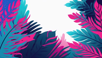 Fototapeta na wymiar Pink and blue Foliage decorative frame in flat style Various abstract tropical leaves on a dark background. Generative Ai.