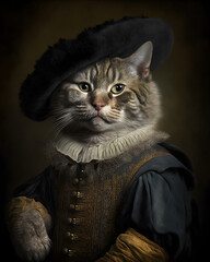 Portrait of a cat in renaissance clothes. Generative AI.