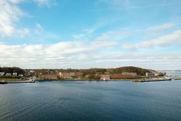 Large residential buildings on the water. Living in Germany on the waterfront. city on the North Sea. Modern living
